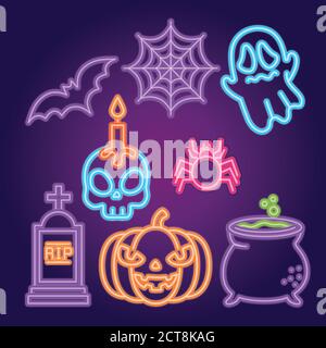 halloween neon set of icons Stock Vector