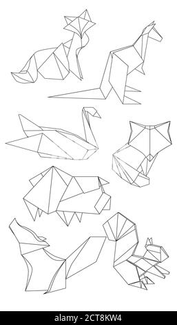 Set of polygonal contour animals. Black and white vector elements for your design Stock Vector