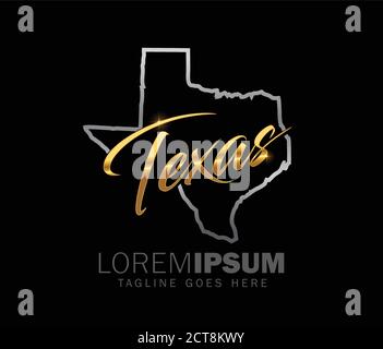 A vector illustration of Texas Logo sign in golden color with black color background with outline map of texas Stock Vector