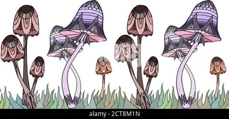 Seamless border with colored mushrooms decorated boho pattern and grass. Doodle element. Vector element for invitations, greeting cards, and your desi Stock Vector