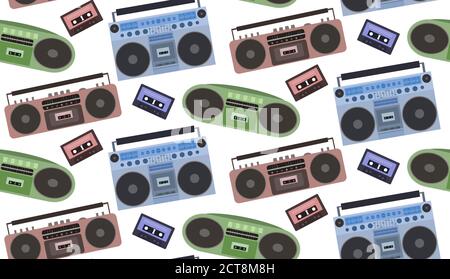 Seamless texture with tape recorders and cassette tapes. Vector background for wraps, wallpaper, background for site and your creativity Stock Vector