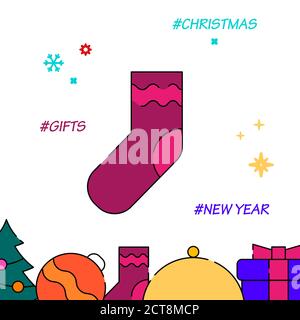 Christmas stocking sock filled line vector icon, simple illustration, New Year, Christmas related bottom border. Stock Vector
