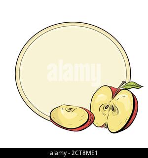Round frame with color engraved illustration of apples. Hatched drawing. The object is separate from the background. Template for the menu, recipes, p Stock Vector