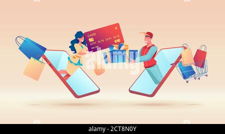 Girl is holding large plastic card. Joyful delivery man holds gift box in his hands. Seller and buyer in large mobile phones. Metaphor of remote payme Stock Vector