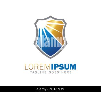 A vector illustration of shield and light shine on gold and blue color combo Stock Vector