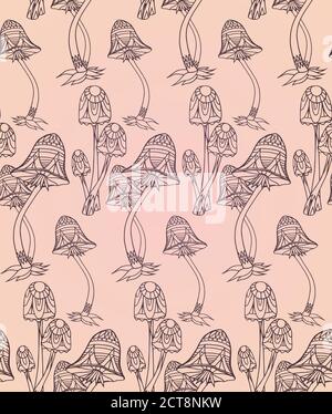 Seamless texture with mushrooms with boho pattern. Doodle pattern. Vector background for wraps, wallpaper, fabric and your creativity Stock Vector