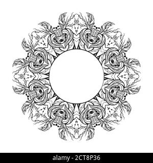 Black and white round mandala frame with a boho pattern. Doodle illustration for sketch of invitation, printing on T-shirts, covers and your creativit Stock Vector