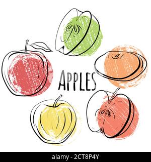 Set of apples of different shapes. Single and halves of apples with grunge colored dots. Illustration for the menu, recipes, postcards and your creati Stock Vector