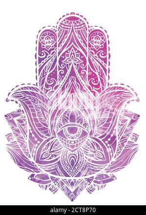 Illustration of Hamsa with boho pattern and pink watercolor background. Buddhas hand. Vector element for your sketch of tattoo, coloring book, T-shirt Stock Vector