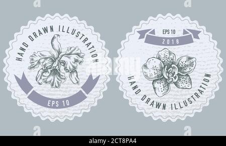 Monochrome labels design with illustration of orchid Stock Vector