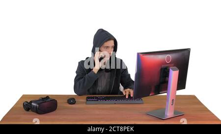 Experienced hacker answers someones call on white background. Stock Photo