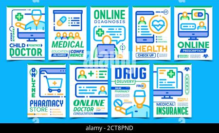 Online Doctor Aid Advertising Posters Set Vector Stock Vector
