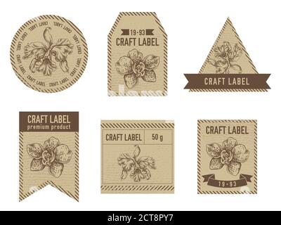 Craft labels vintage design with illustration of orchid Stock Vector