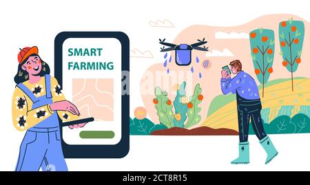 Smart farming agricultural wireless internet technology website banner template with farmer and drone. Stock Vector
