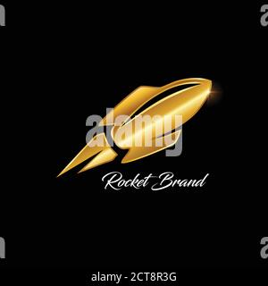 A vector illustration logo of Golden Rocket Logo Sign with black background, shine effect with star symbol Stock Vector