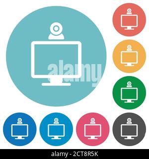 Monitor with webcam flat white icons on round color backgrounds Stock Vector