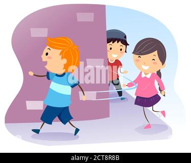 Illustration of Stickman Kids Walking in Line Around the Block and Turning Right Stock Photo