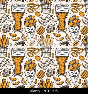 Oktoberfest seamless pattern, texture. Alcohol, glass of beer, snacks, fast food, chicken wing, chips, fried potato, squid rings, bread, peanuts. Bar Stock Vector