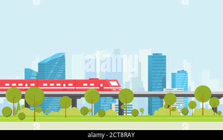 Subway and city on background. Park with trees and bushes. City train outdoor. Flat style vector. On background business city center with skyscrapers. Stock Vector