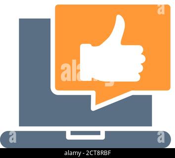 Laptop with thumb up in speech bubble colored icon. User feedback, message with like symbol Stock Vector