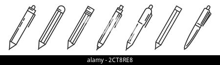 Pens and pencils isolated. Writing tools icons set. Vector illustration. Linear templates of ballpens and pencils Stock Vector