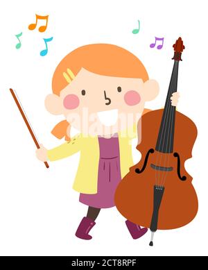 Illustration of a Kid Girl Playing and Learning Upright Bass with Music Notes Stock Photo