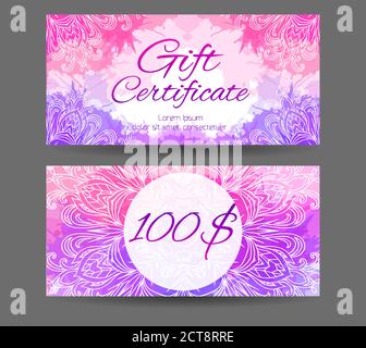 Template gift certificate for yoga studio, spa center, massage parlor, beauty salon. Abstract pattern mandala with watercolor splashes Stock Vector