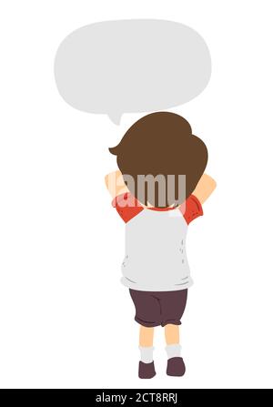 Illustration of a Kid Boy Covering His Eyes with a Blank Speech Bubble, Counting and Playing Hide and Seek,  Childhood Memories Stock Photo