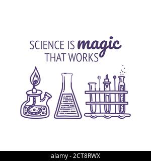 Set of chemical laboratory equipment with typography. Glass flasks, test tubes, spirit lamp and chemical agents. Hand drawn vector illustration in Stock Vector
