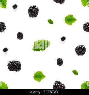 Falling Bramble Seamless pattern. Fresh Falling blackberry seamless pattern. Pattern with fresh wild berries isolated on white background. Stock Photo