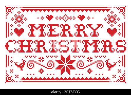 Merry Christmas vector greeting card pattern in red on white background - Scandinavian knnitting, cross-stitch design Stock Vector