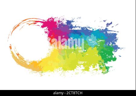 Round frame with grungy scuffs and rainbow watercolor sprays. Ink stains. Vector element for invitations, banners and your design Stock Vector