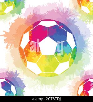 Seamless pattern with white soccer balls with watercolor rainbow spray. Vector texture for wallpaper, wrapper, backgrounds and your creativity Stock Vector