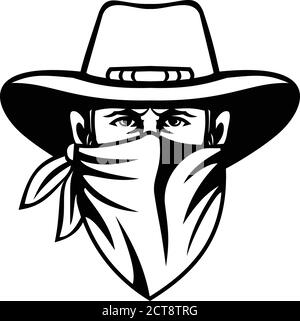 Mascot  black and white illustration of head of a cowboy, bandit, outlaw, maverick, highwayman or bank robber wearing face mask or bandana viewed from Stock Vector