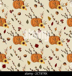 Autumn pattern with orange pumpkins. Thanksgiving design. Autumn composition Stock Vector