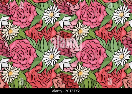 Seamless texture with hand drawn flowers and leaves. Roses and chamomiles. Vector pattern for your creativity. Stock Vector