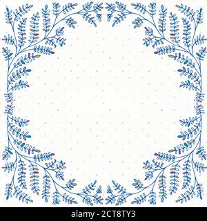 Fun wild meadow grass floral frame. Hand drawn partially colored cobalt leaves on polka dot background with space for copy text. Modern geometric Stock Vector