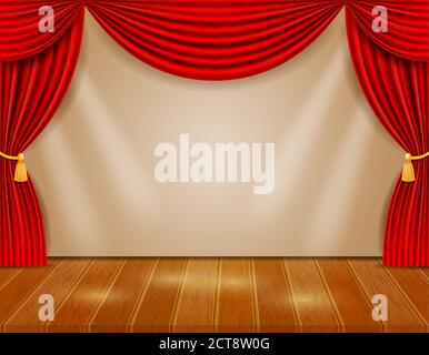 theater stage in the hall with red curtains vector illustration Stock Vector