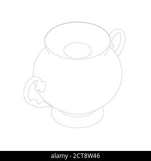 Contour of an antique decorative teapot from black lines isolated on a white background. Isometric view. Vector illustration Stock Vector
