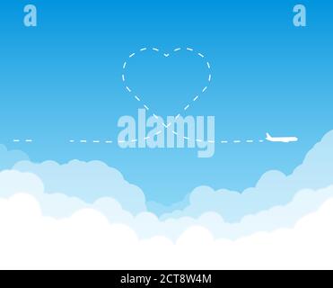 Airplane flying above clouds. Heart shape route.  Jet plane with exhaust white trail dashed line in shape on heart. Blue gradient and white plane silh Stock Vector