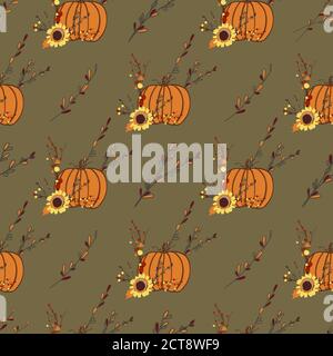 Autumn pattern with orange pumpkins. Thanksgiving design. Autumn composition Stock Vector