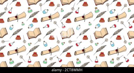Scroll, papyrus, quill and ink. Old scrolls pattern. Research and scientific activity concept. vector illustration Stock Vector
