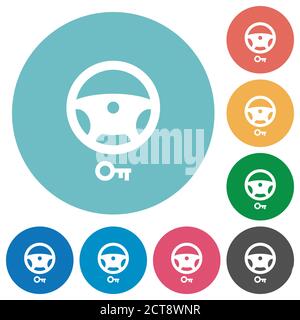 Steering lock flat white icons on round color backgrounds Stock Vector