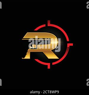 A vector illustration of Gun Tactical Logo Initial Letter R in gold and red color with black background Stock Vector