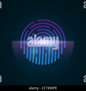 Fingerprint for computer system security with neon scan. High-tech purple and blue padlock. Laser scanning for touch screen device. Design for your so Stock Vector