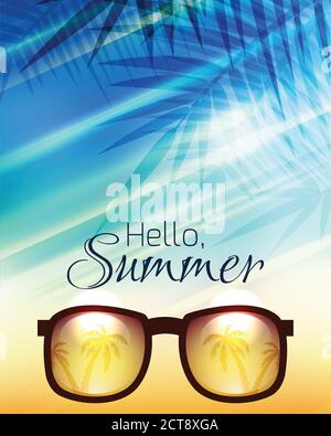 Vector summer poster with sunglasses, palms and calligraphy. Beach background. Stock Vector