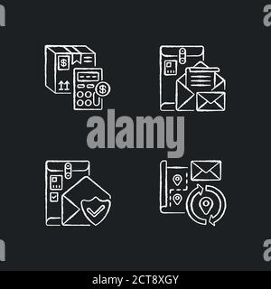 Mail chalk white icons set on black background Stock Vector