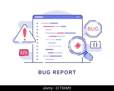 Bug report concept magnifying bug on program software computer with flat outline style Stock Vector