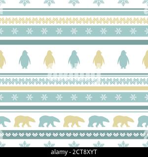seamless winter pattern with white snowflakes, polar bears and penguins. vector flat Christmas ornament on powder blue background. winter reindeer tex Stock Vector