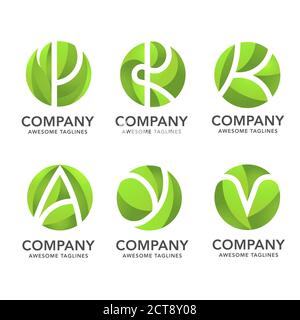 circle green leaf with hidden various letter logo vector concept Stock Vector